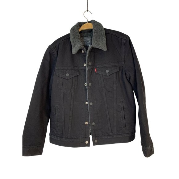 Levi Mens Black Denim Sherpa-Lined Trucker Jacket M RII10590 EUC Snap - Picture 3 of 14